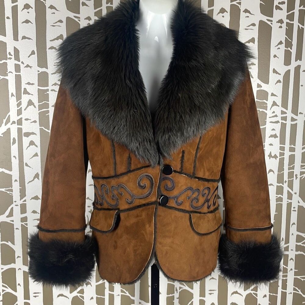 Women's Penny Lane Brown Genuine Suede Shearling Jacket w/ Genuine Fur Trim